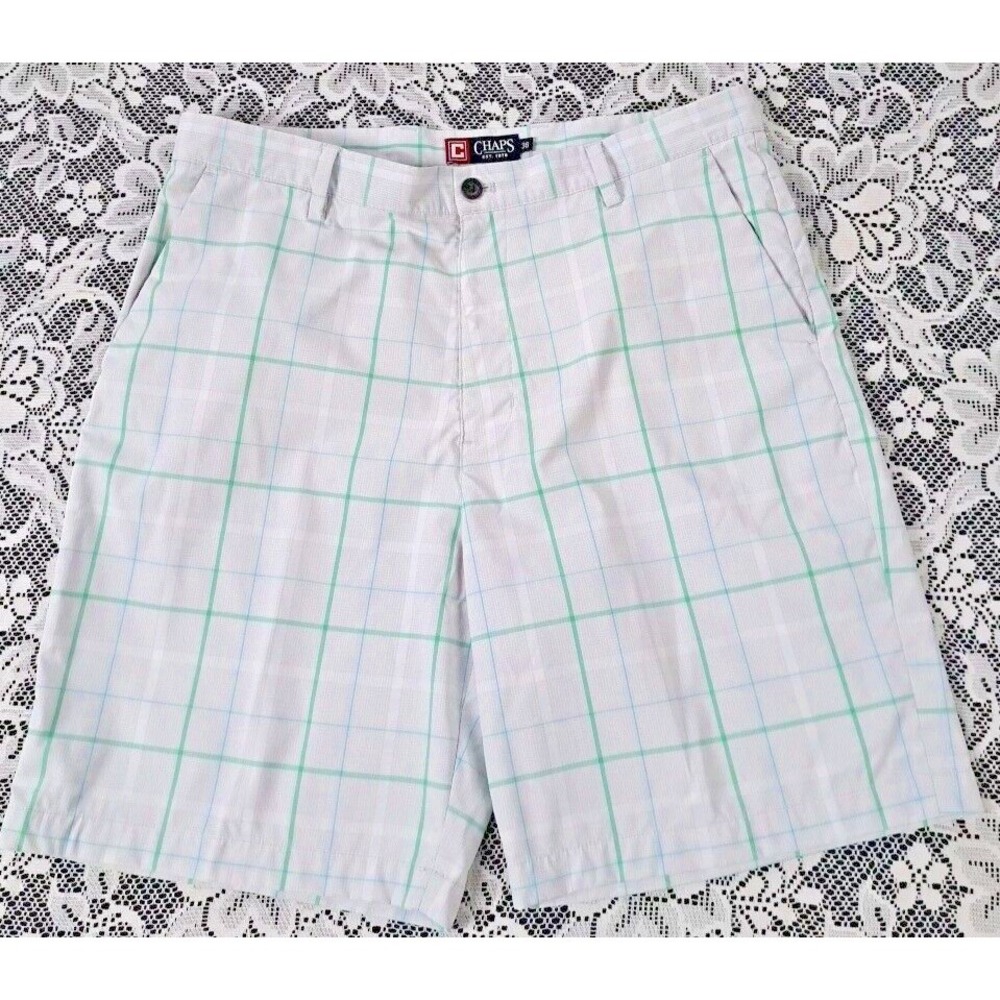Chaps‎ Golf Shorts Men's 36 Green/Blue/Beige Plaid Casual PolyBlend Pre-owned